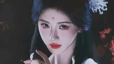 鞠婧祎着白纱古装披水墨长发 红妆红甲花雾间清冷魅惑